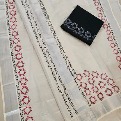 Hand block printed  Silver Kara Set Mundu