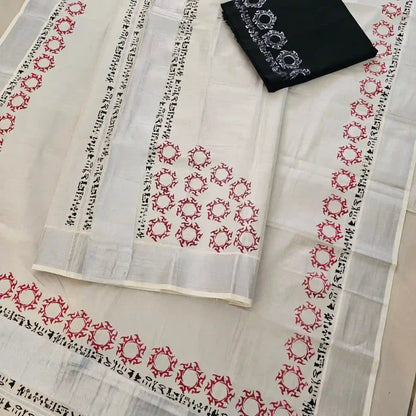 Hand block printed  Silver Kara Set Mundu