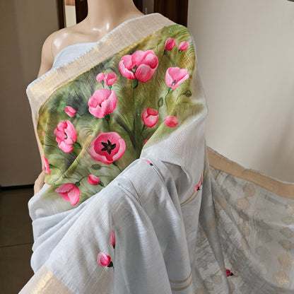 Beautiful Light Grey Hand-painted Kota saree