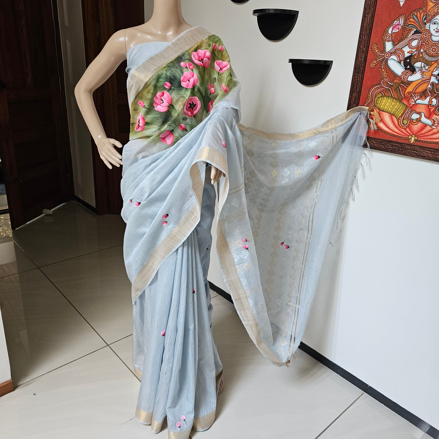 Light Grey Hand-painted  weave saree