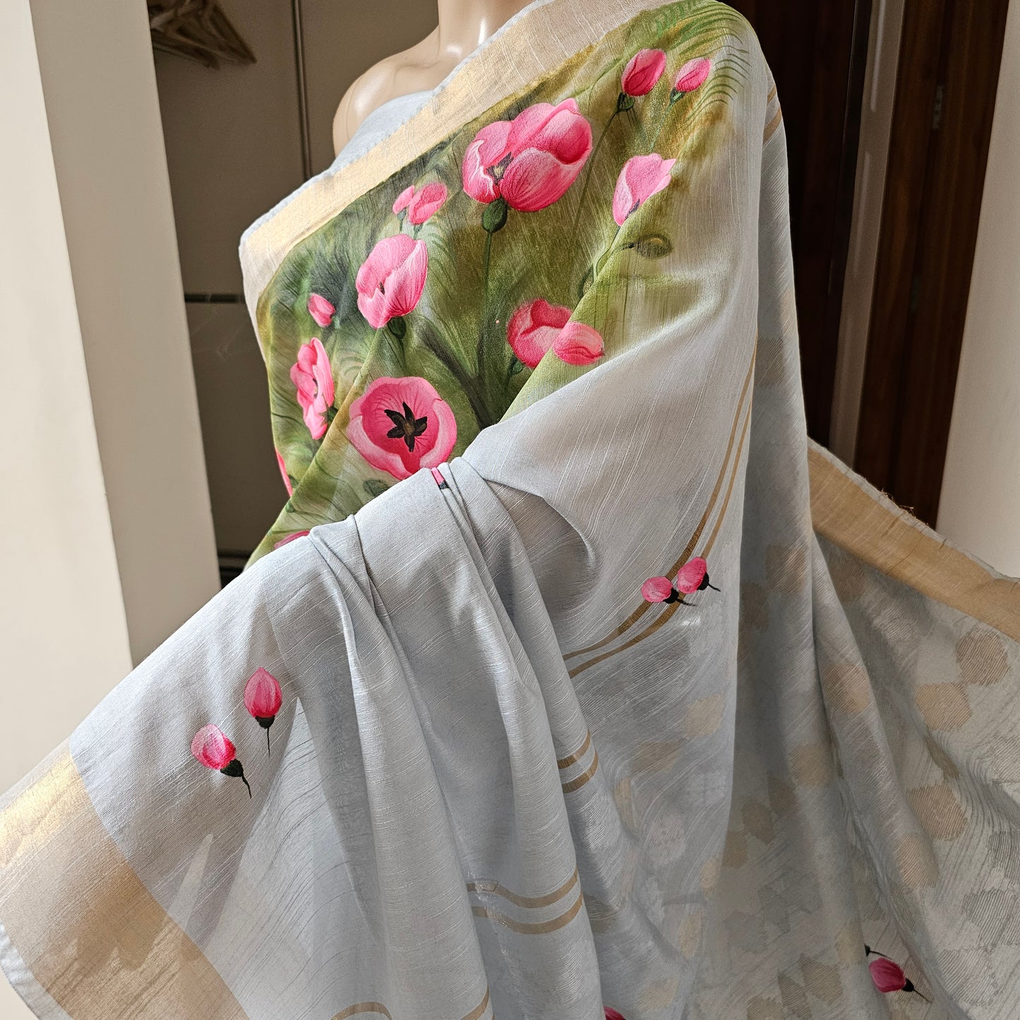 Hand-painted Grey saree