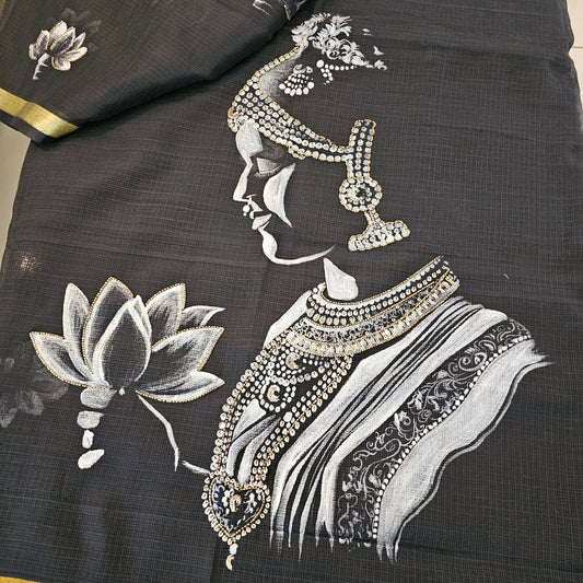 Hand-painted with intricate sequin and beadwork in Black Kota Doria Saree