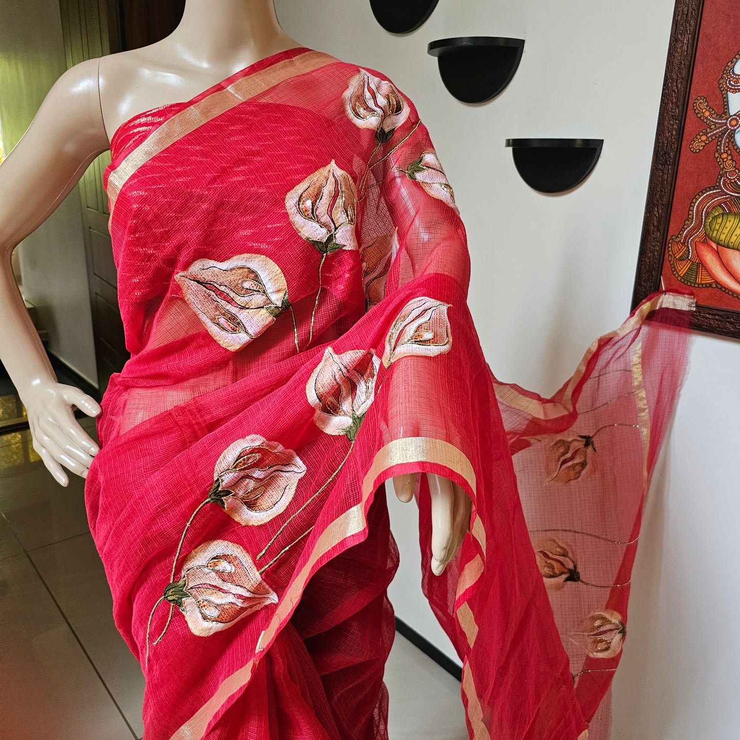 Hand-painted Bright Red Kota Doria Saree