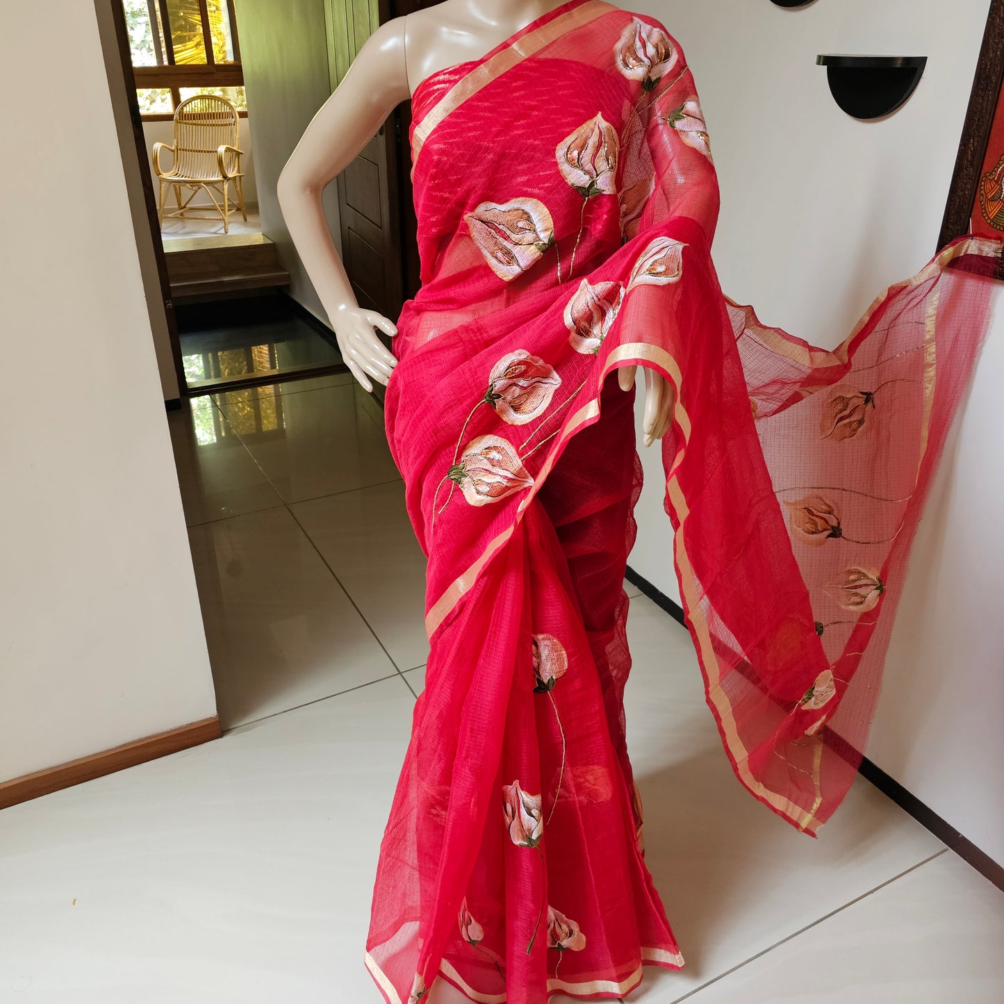 Hand-painted Bright Red Saree 