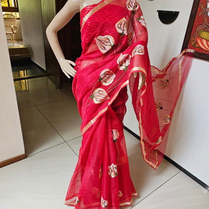 Hand-painted Saree with Ikkat style blouse