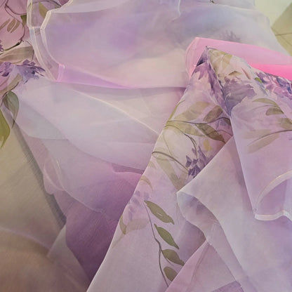 Elegant Hand-painted and Hand-dyed  Light Violet Organza Saree