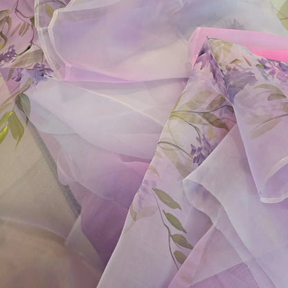 Elegant Hand-painted and Hand-dyed  Light Violet Organza Saree