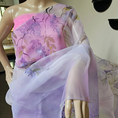 Elegant Hand-painted and Hand-dyed  Light Violet Organza Saree