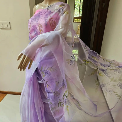 Elegant Hand-painted and Hand-dyed  Light Violet Organza Saree