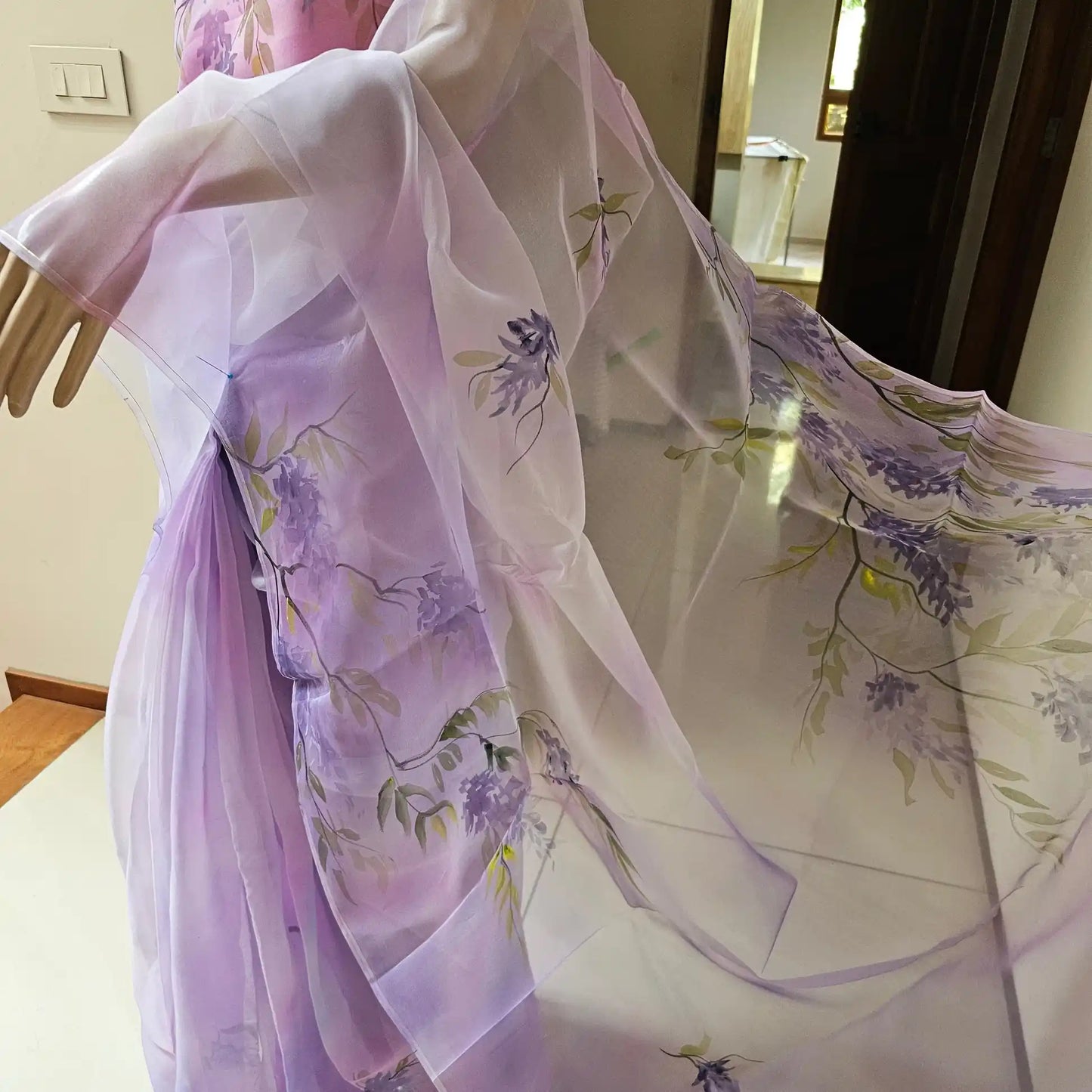 Elegant Hand-painted and Hand-dyed  Light Violet Organza Saree