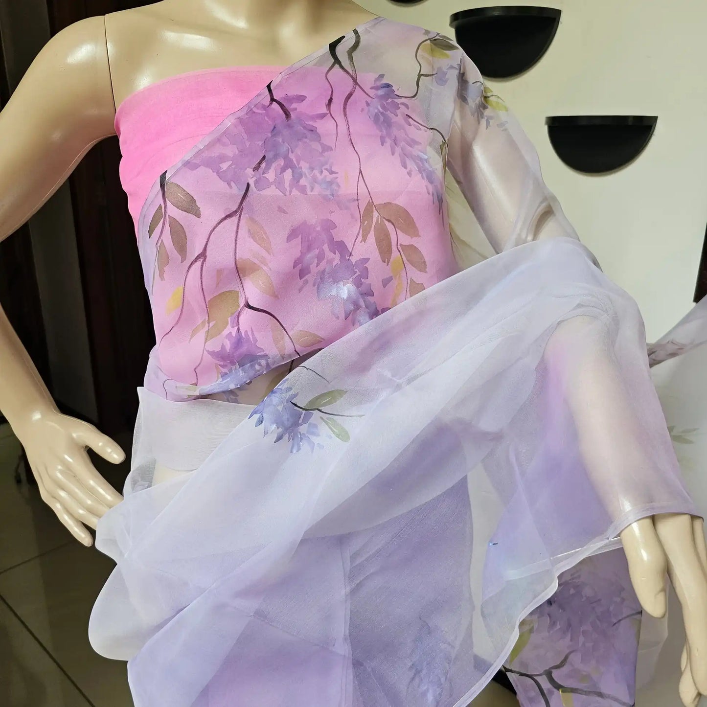 Elegant Hand-painted and Hand-dyed  Light Violet Organza Saree