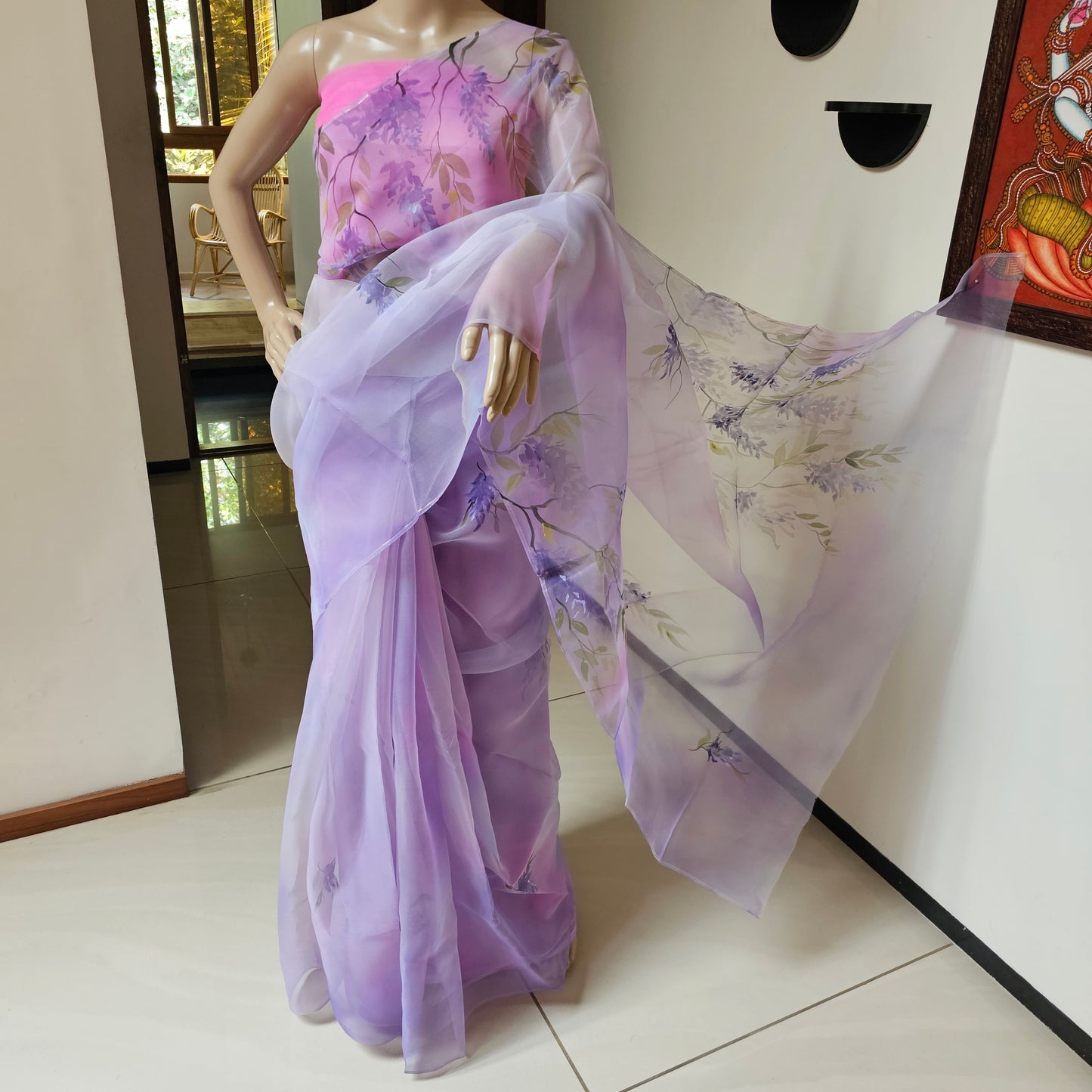 Hand-painted and Hand-dyed Light Violet Organza Saree