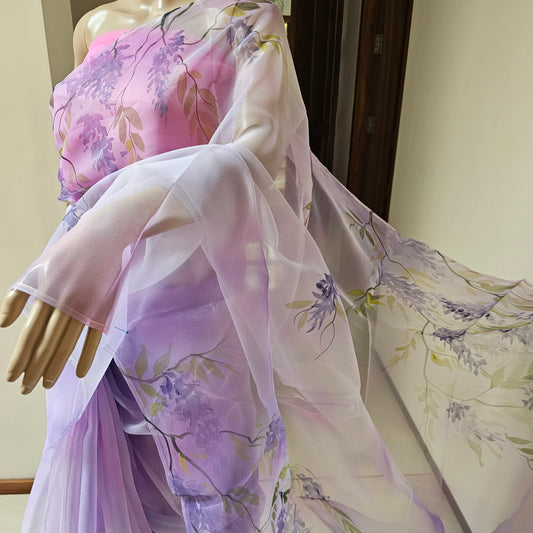 Elegant Hand-painted and Hand-dyed Light Violet Organza Saree