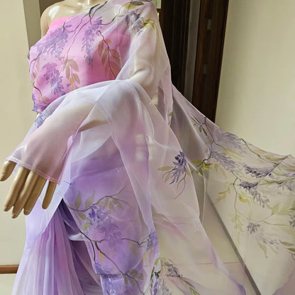 Elegant Hand-painted and Hand-dyed  Light Violet Organza Saree