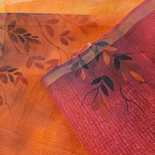 Hand-painted Kota Doria Saree in shades of Orange