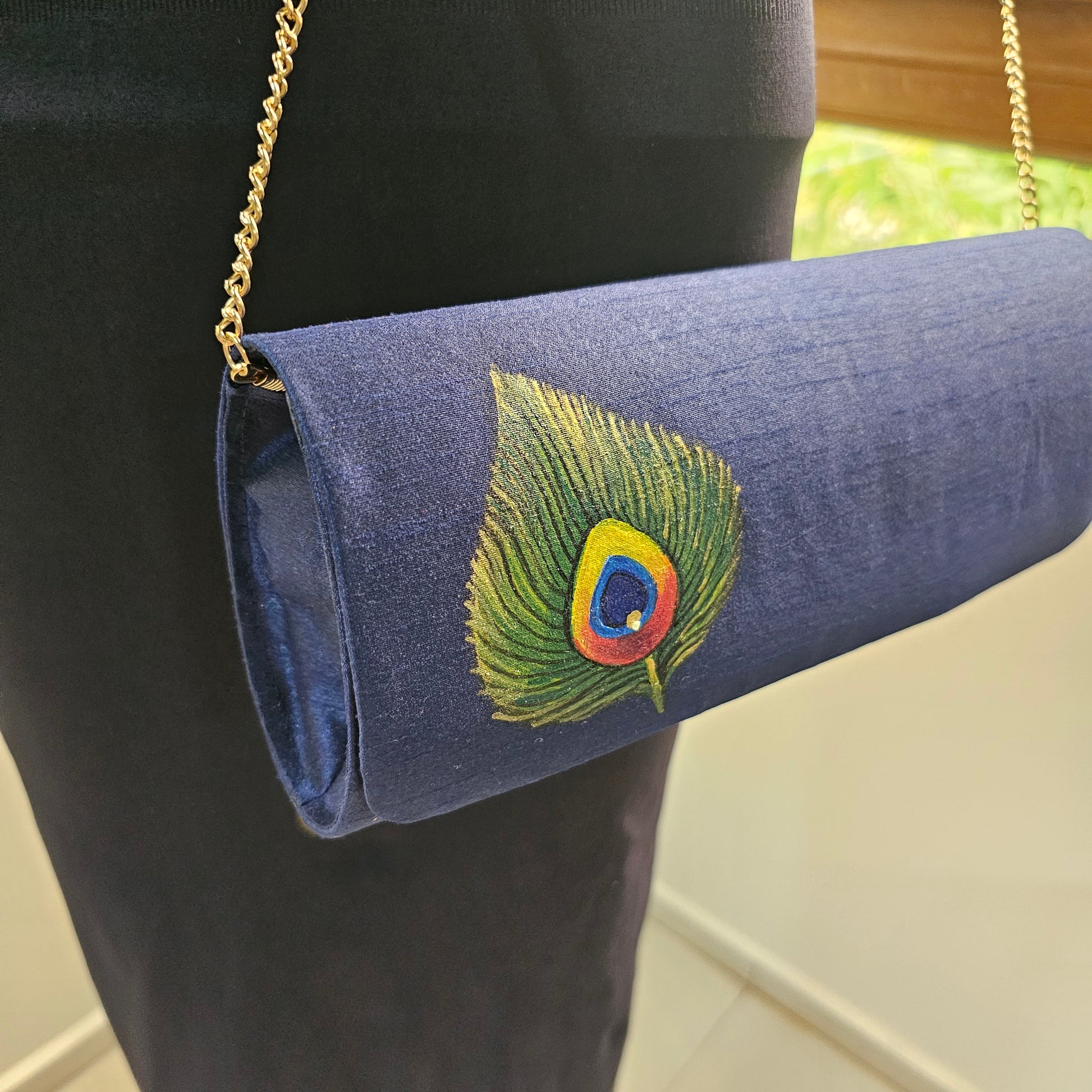 Hand-painted Navy Blue [Peacock Feather] Clutch