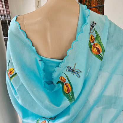 Shop Sky Blue Hand-Painted Chanderi Silk Saree