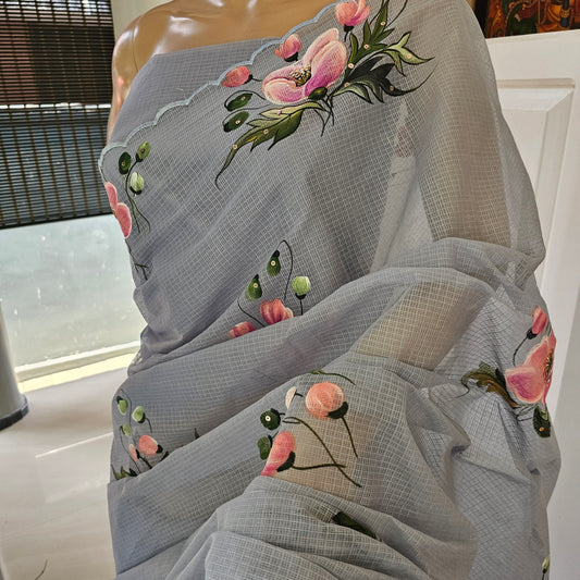 Pretty Hand-Painted Grey Pure Kota Saree