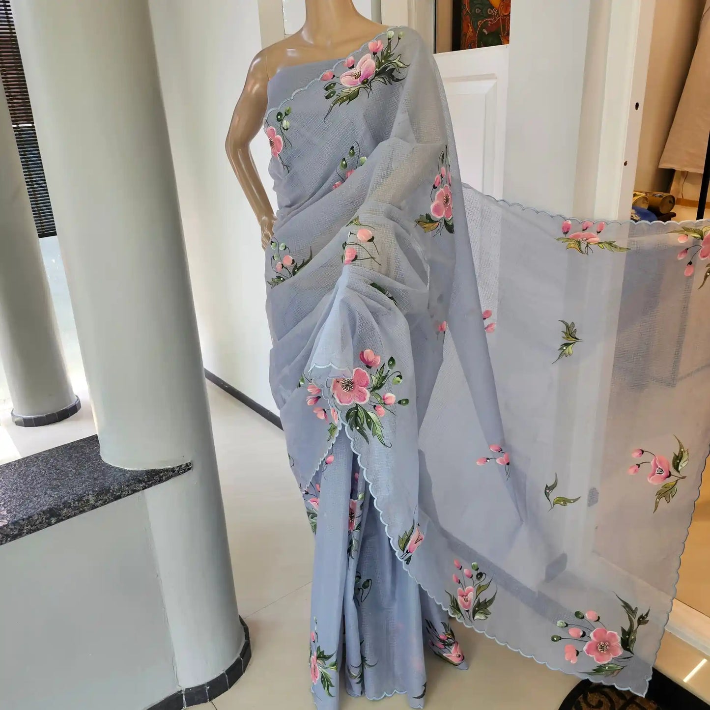 Pretty Hand-Painted Grey Pure Kota Saree