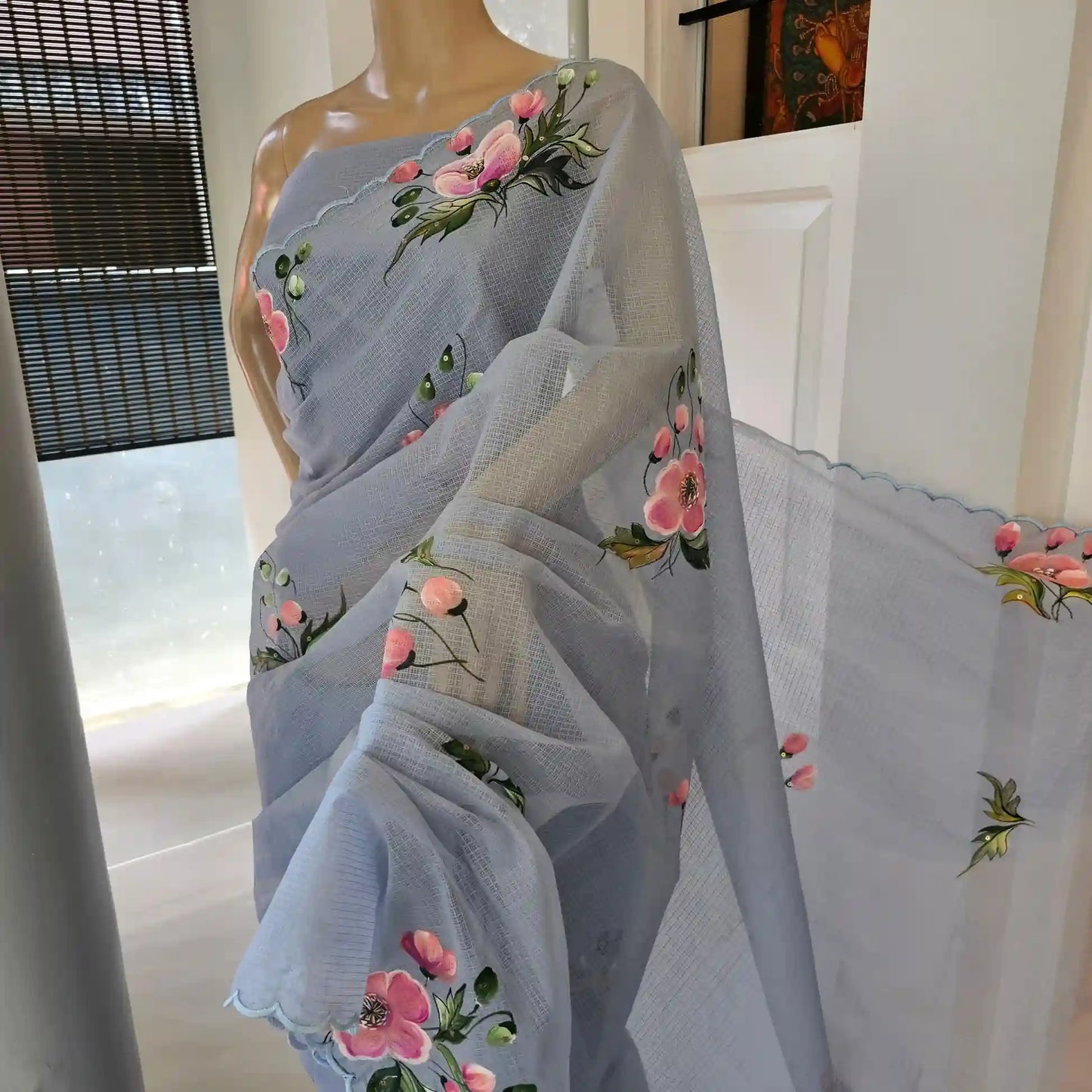 Pretty Hand-Painted Grey Pure Kota Saree