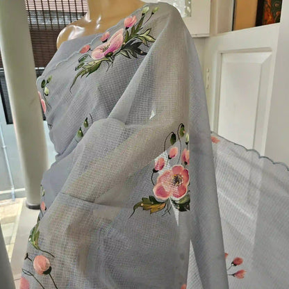 Pretty Hand-Painted Grey Pure Kota Saree