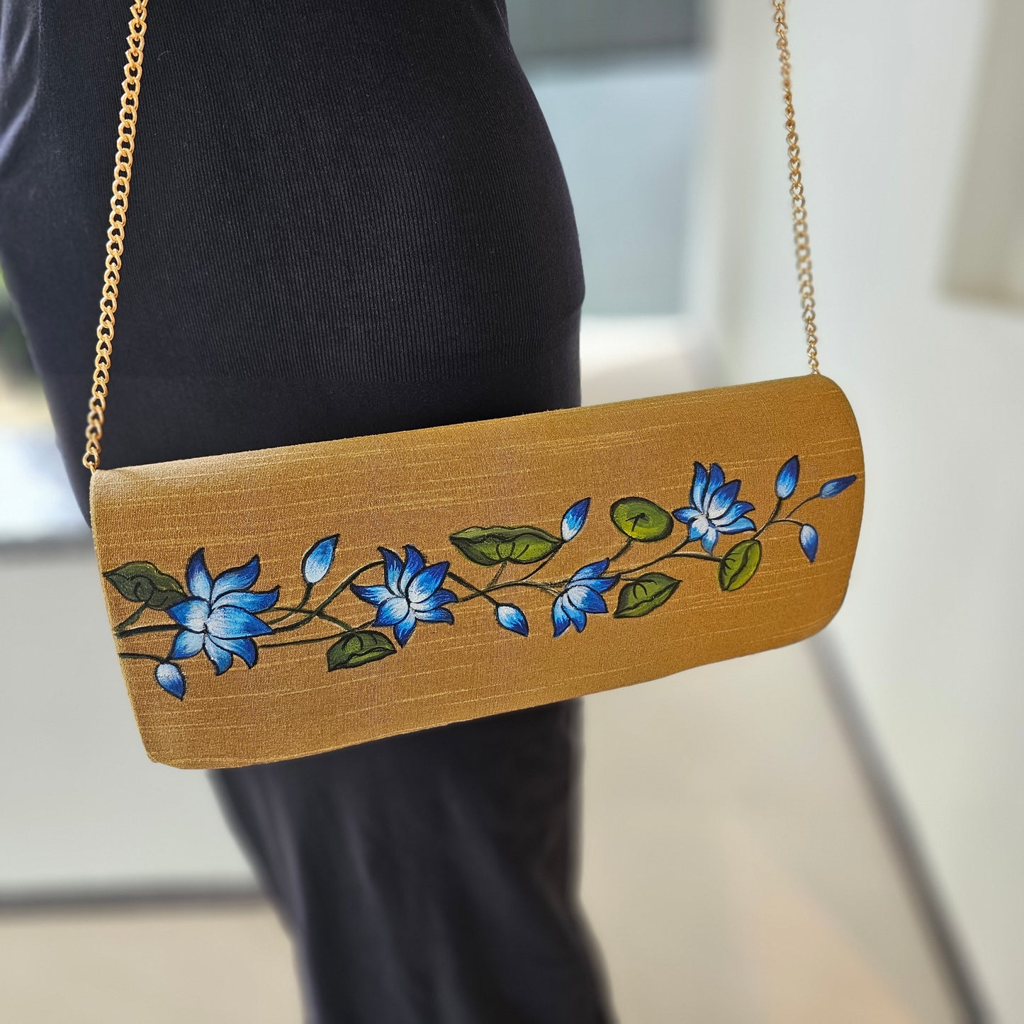 Hand-Painted Dark Beige clutch with Blue Lotus in Mural Style.