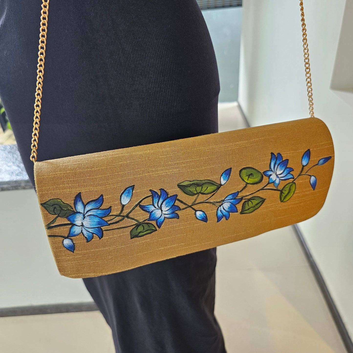 Beige clutch with Blue Lotus in Mural Style