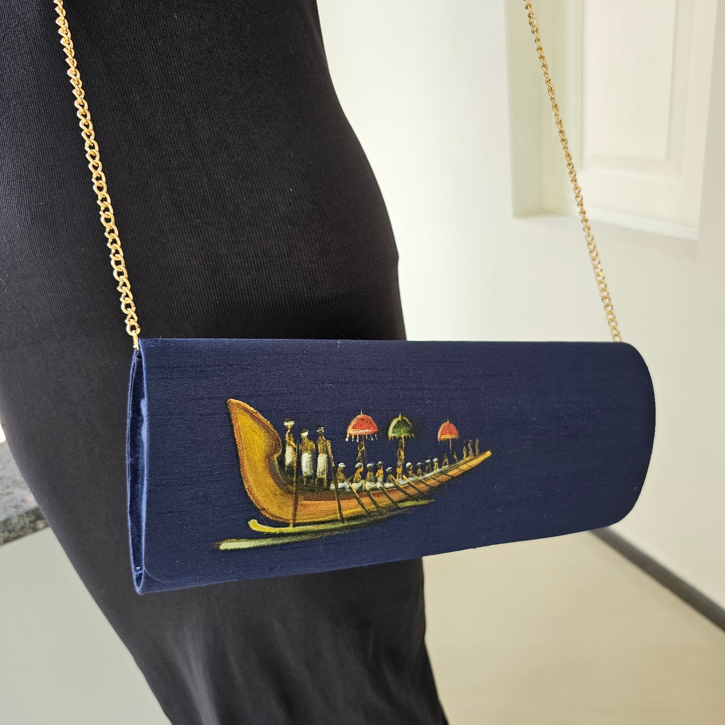 Blue Clutch With Kerala Boat Race Motif