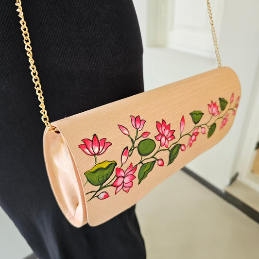 Hand-Painted Pastel Pink Clutch In Pichwai Style