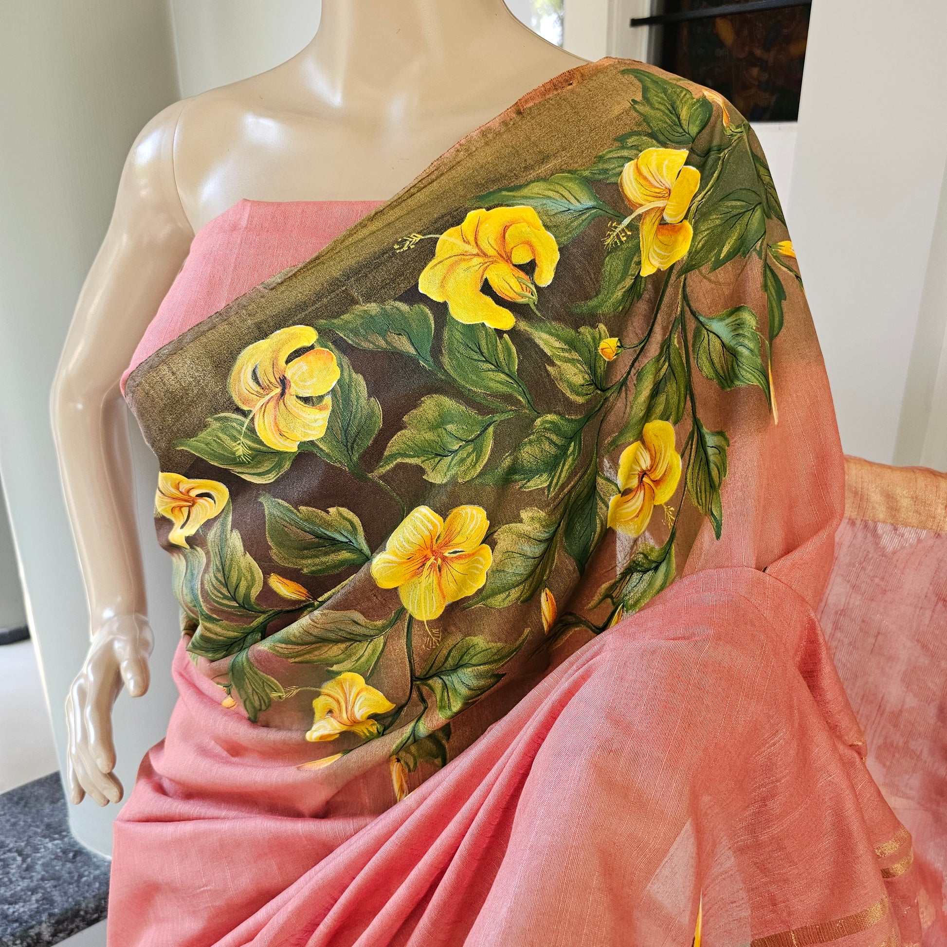 Pretty Peach Hand-Painted Cotton Organza Weave Saree