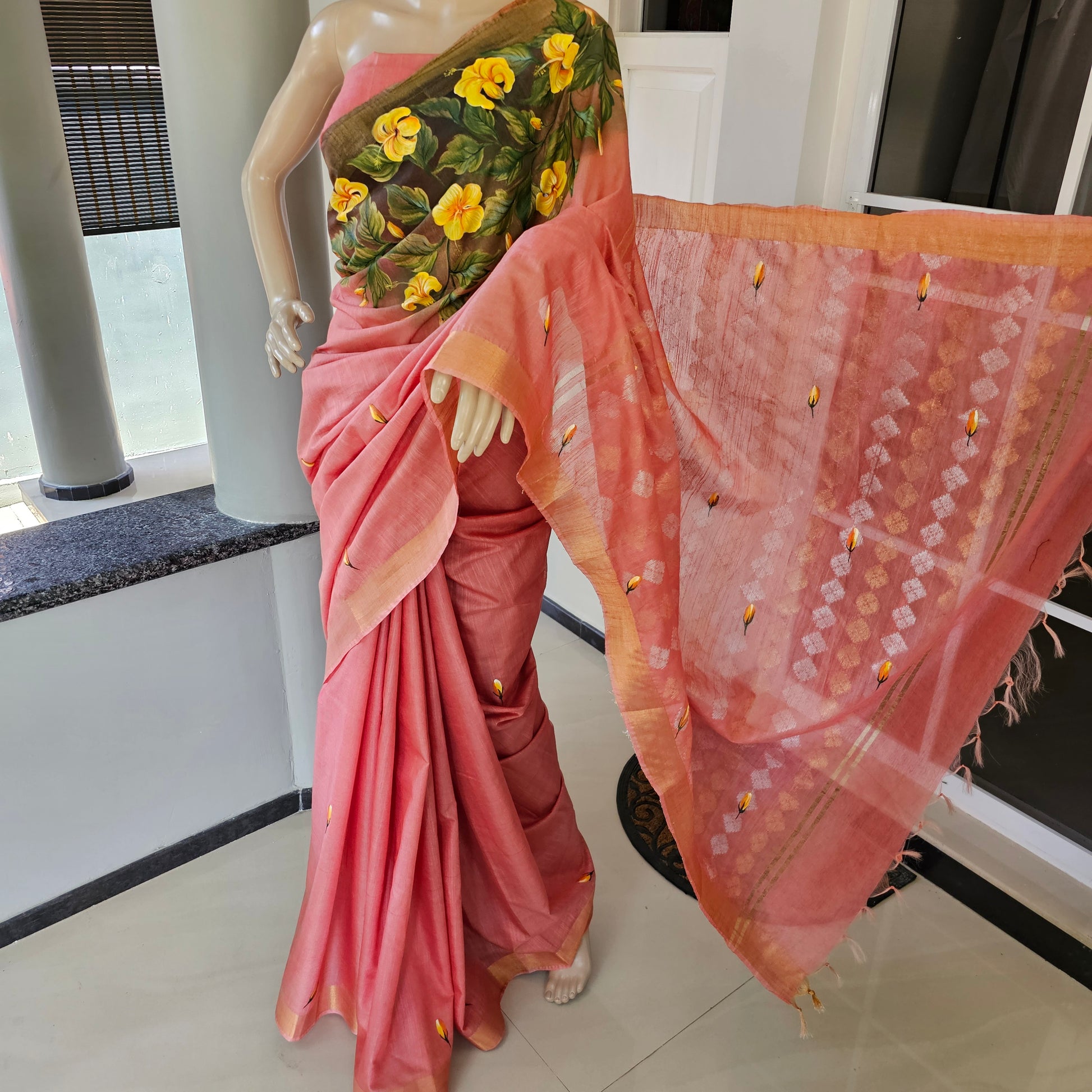 Pretty Peach Hand-Painted Cotton Organza Saree