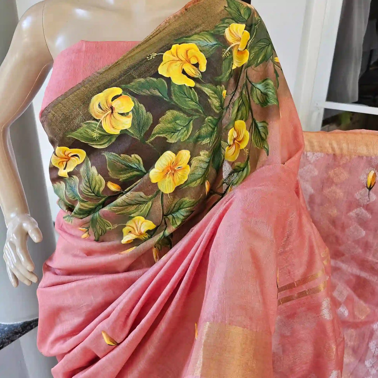 Pretty Peach Hand-Painted Cotton Organza Weave Saree