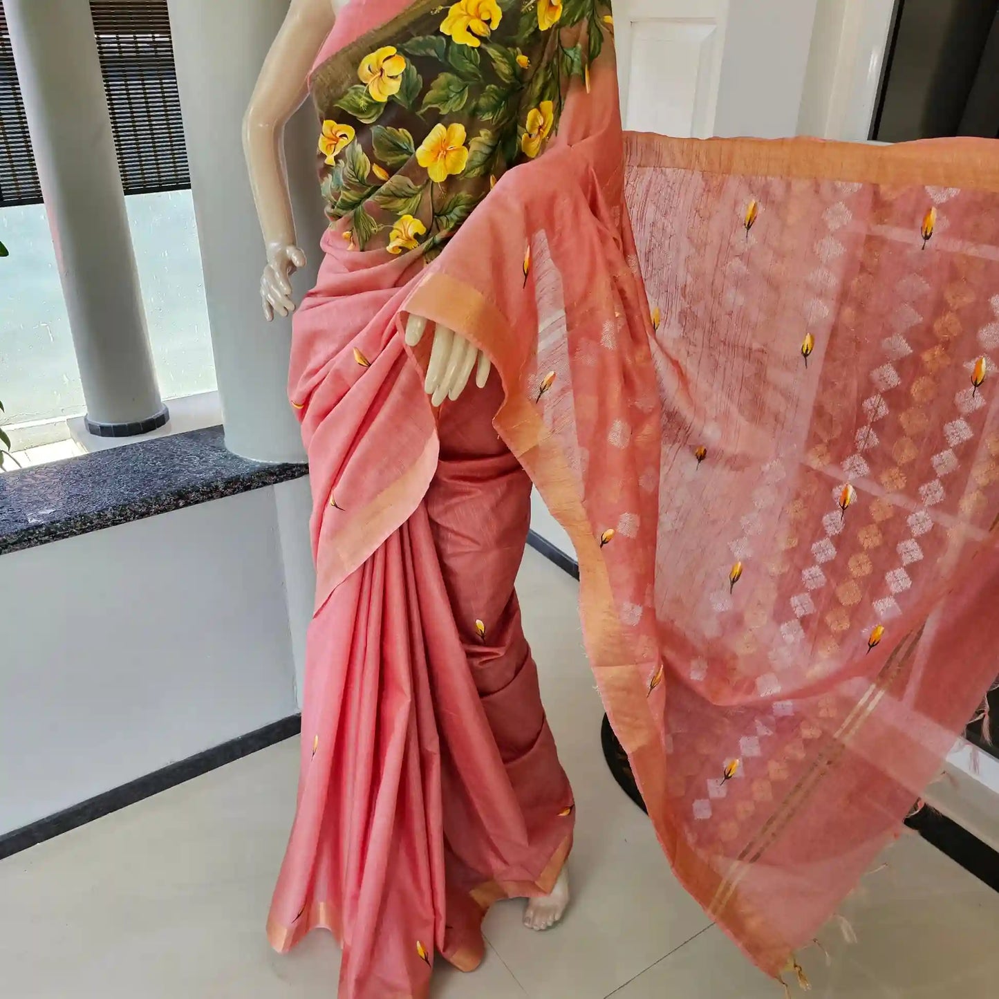Pretty Peach Hand-Painted Cotton Organza Weave Saree