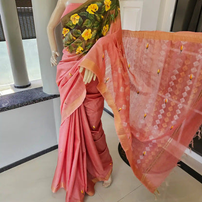 Pretty Peach Hand-Painted Cotton Organza Weave Saree