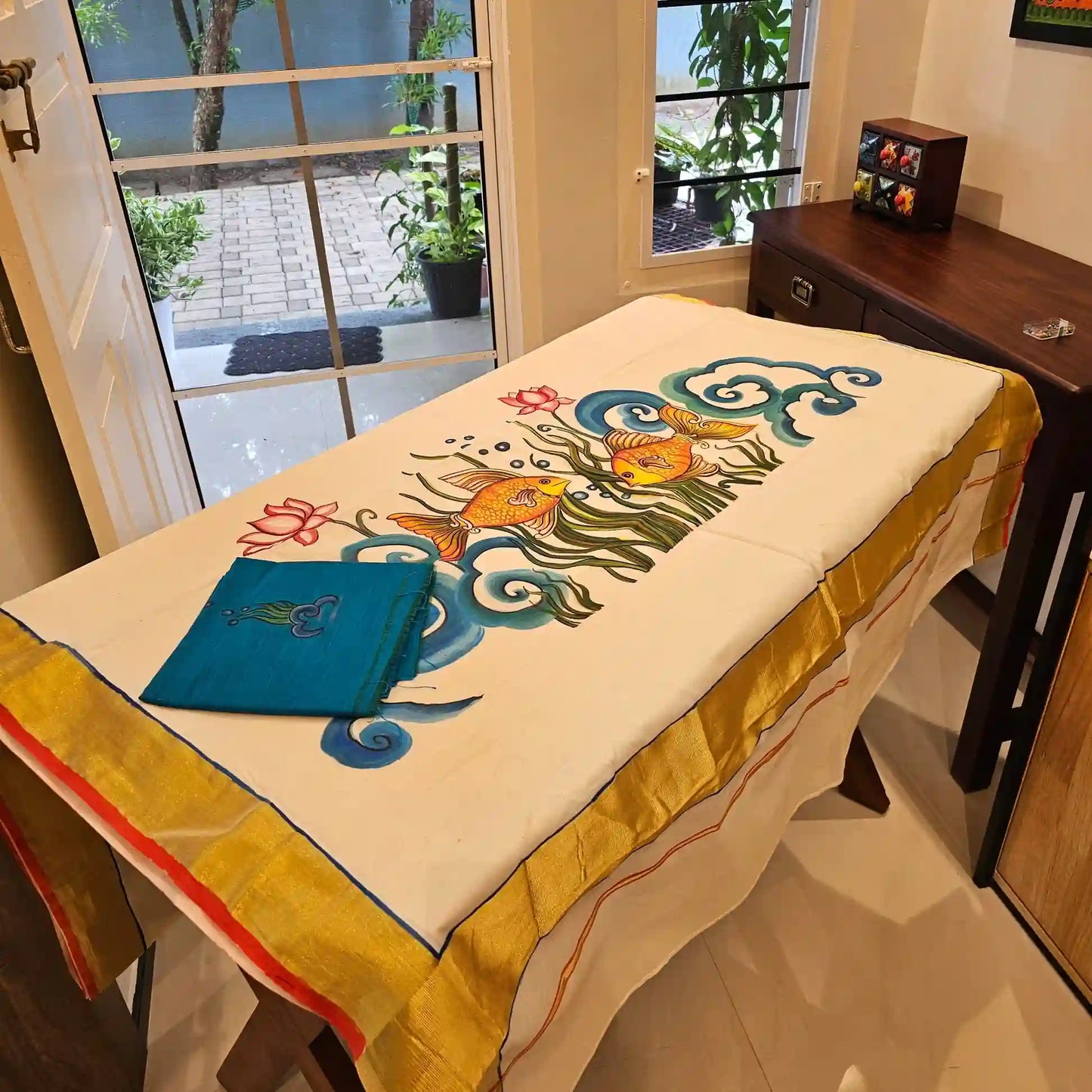 Mural Style Aquatic Life Painted on Kerala Saree