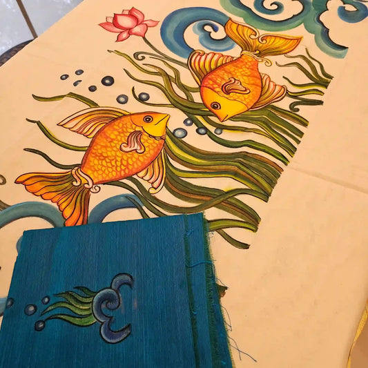 Mural Style Aquatic Life Painted on Kerala Saree