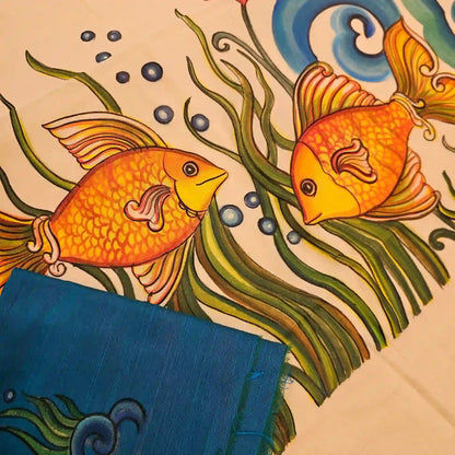 Mural Style Aquatic Life Painted on Kerala Saree