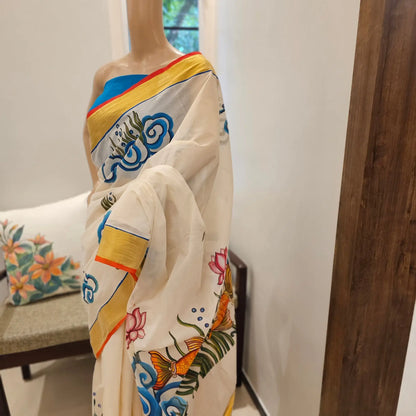 Mural Style Aquatic Life Painted on Kerala Saree