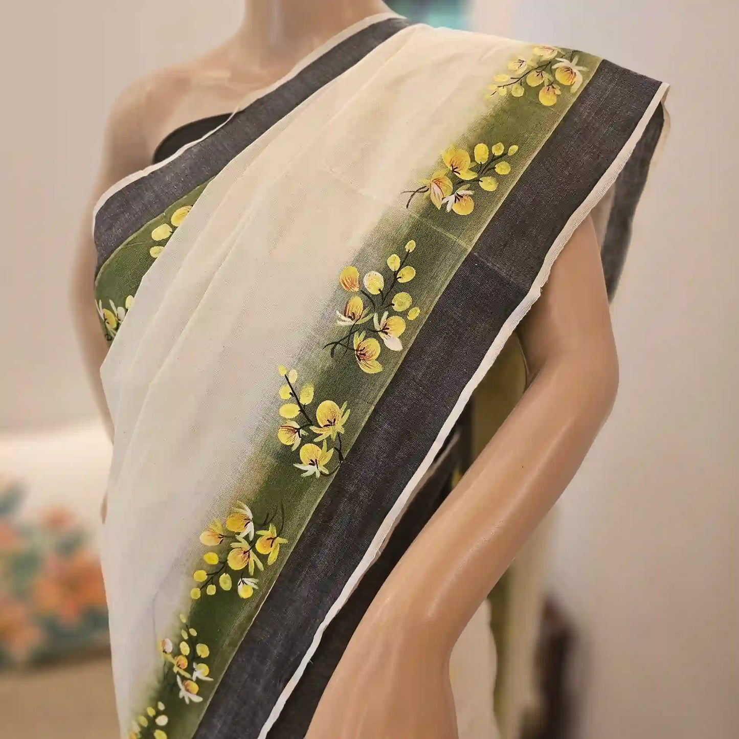 Kani Konnas hand painted on Kerala Set Mundu