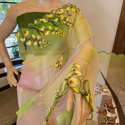 Boat Race Motif Hand-Painted And [Hand Dyed] Organza Saree