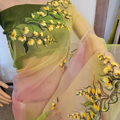 Boat Race Motif Hand-Painted And [Hand Dyed] Organza Saree