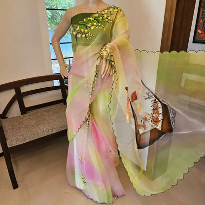 Boat Race Motif Hand-Painted And [Hand Dyed] Organza Saree