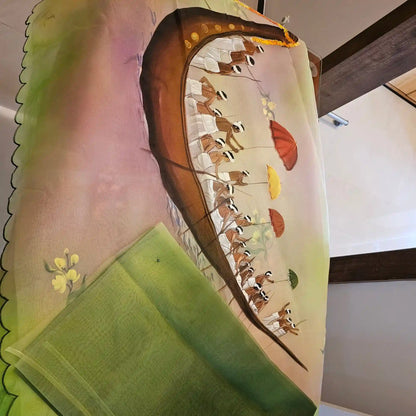 Boat Race Motif Hand-Painted And [Hand Dyed] Organza Saree