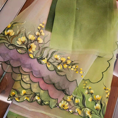 Boat Race Motif Hand-Painted And [Hand Dyed] Organza Saree