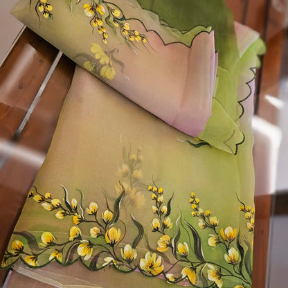 Boat Race Motif Hand-Painted And [Hand Dyed] Organza Saree