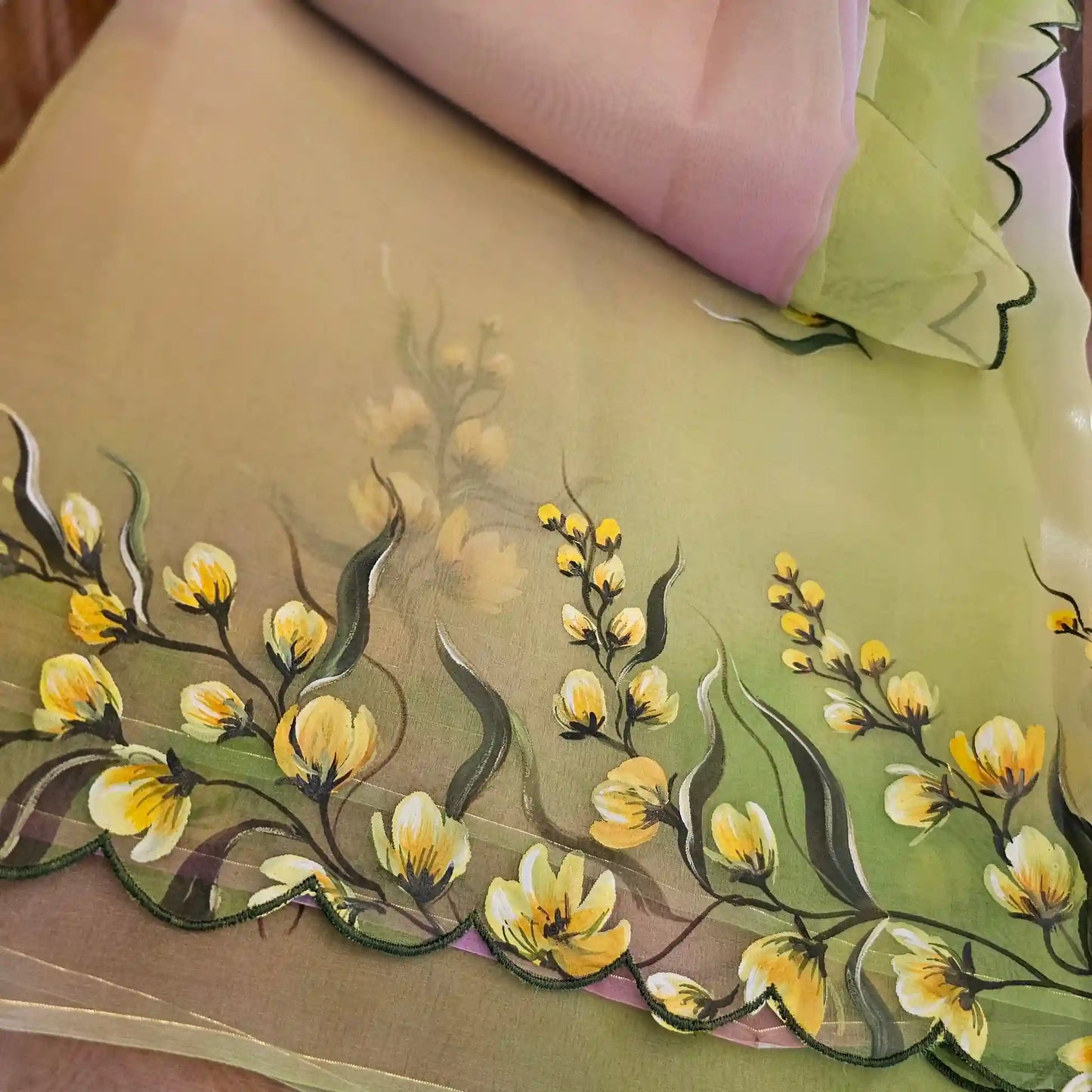 Boat Race Motif Hand-Painted And [Hand Dyed] Organza Saree