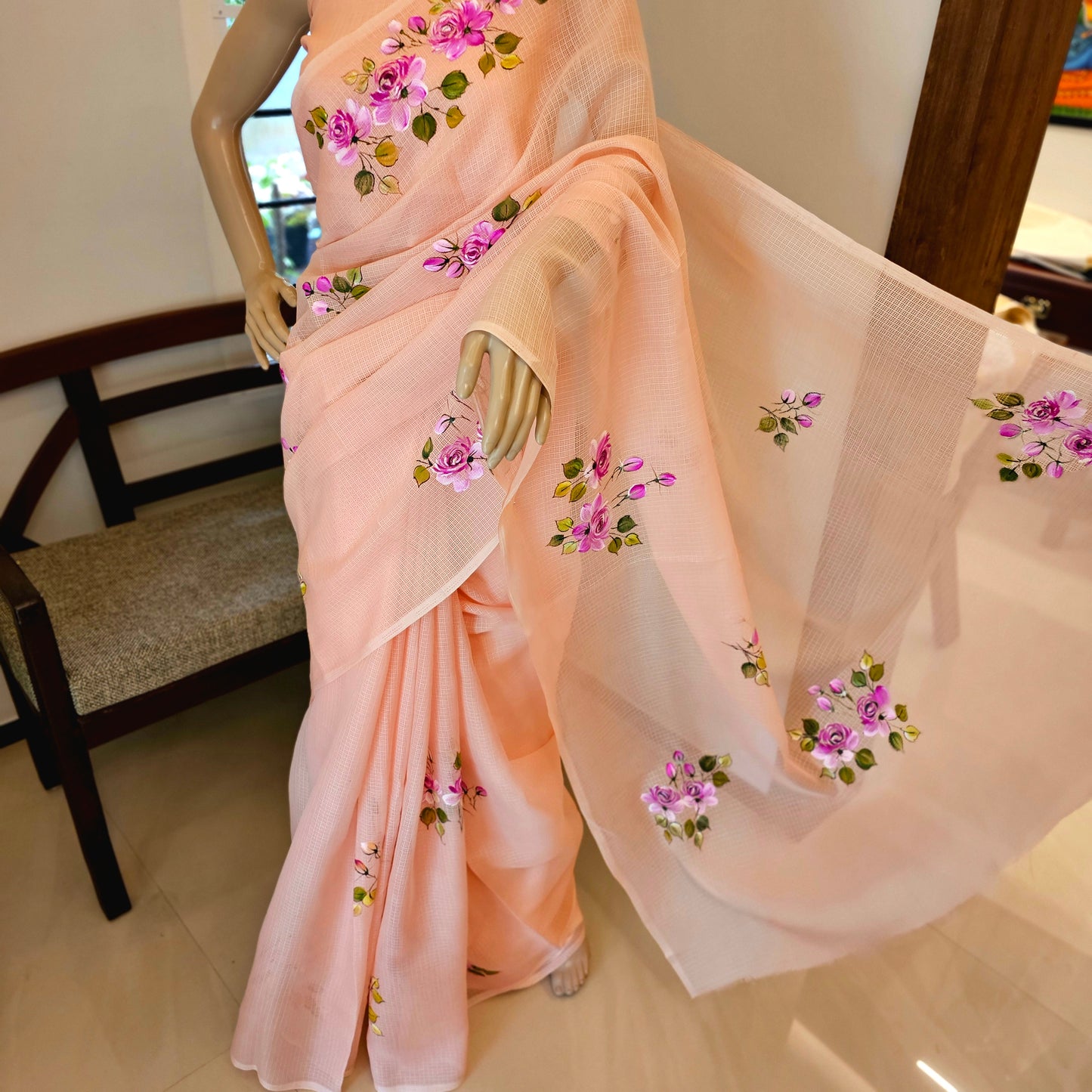 Pretty Light Pink  Hand-painted Kota Silk Saree