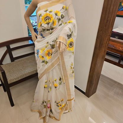 Bright Hand-Painted Saree with Sunflower Theme