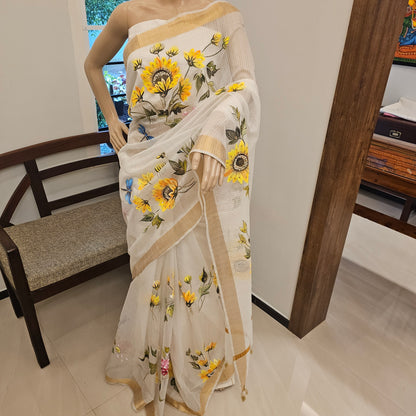 Bright Hand-Painted Saree with Sunflower Theme