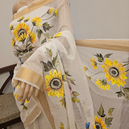 Bright Hand-Painted Saree with Sunflower Theme